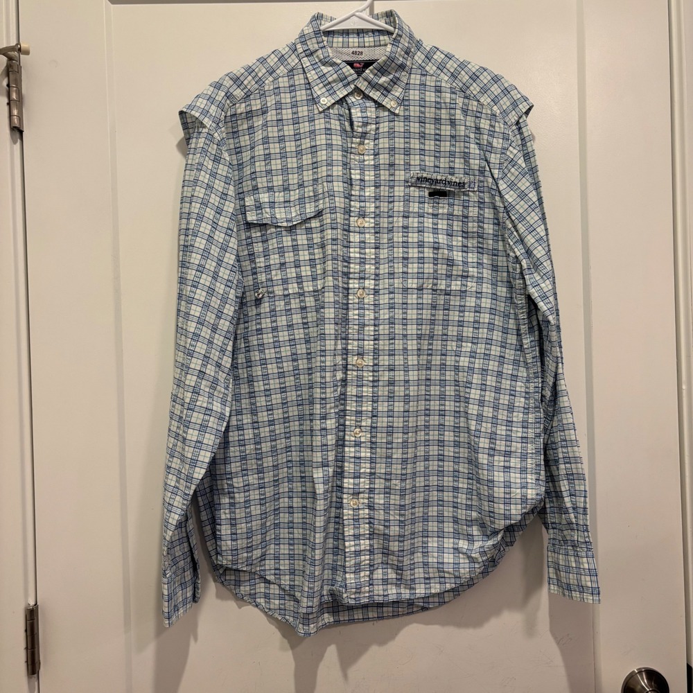 Vineyard Vines Harbor Shirt Mens Medium Blue Plaid Fishing Vented Long Sleeve